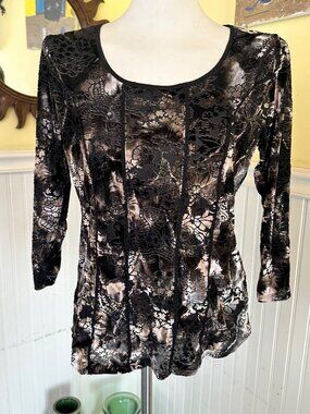 Dressbarn Velvet Burnout Floral Blouse Long Sleeves Scoop Neck Black & Bronze L
